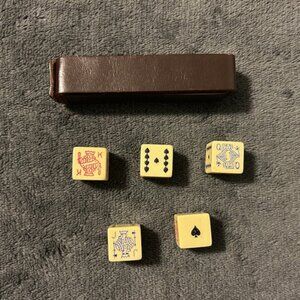Vintage Butterscotch Bakelite Poker Dice Game • Set of 5 in Leather Snap Case